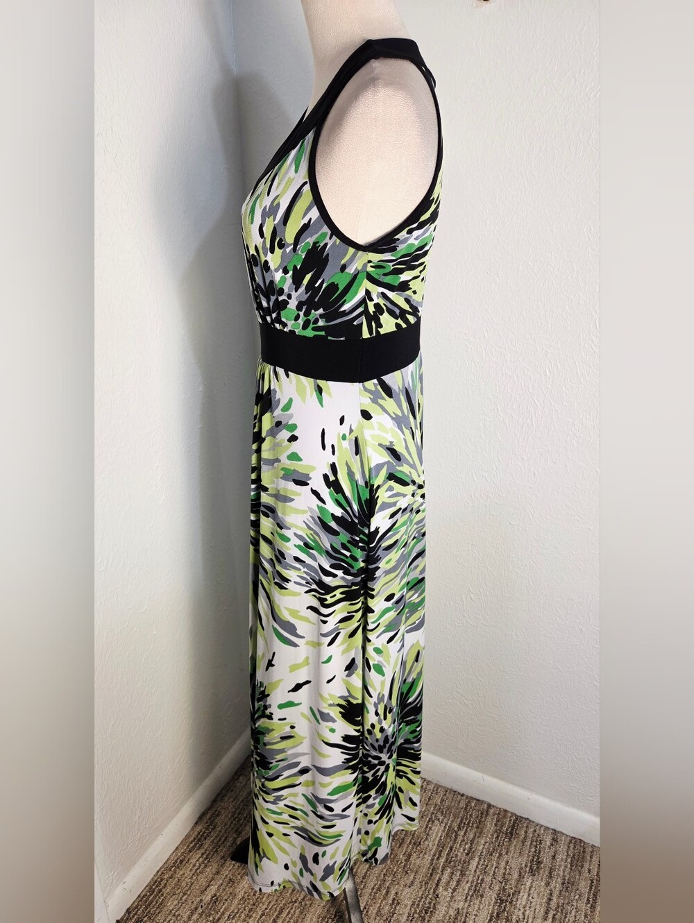 Susan Lawrence Green, White & Black Floral Burst Maxi Dress Black Trim Sz Small - Picture 5 of 9